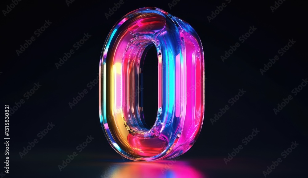 Poster neon 3d number zero on dark background
