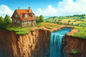 Naklejka premium Surreal Cottage with Waterfall Overlooking Scenic Landscape