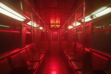 Obraz premium Empty subway train illuminated by red lights, creating an eerie atmosphere in an urban setting