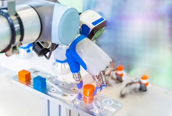 Artificial robotic hand at the presentation of robotics.Creation of artificial intelligence