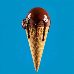 A vertical shot of an icecream cone with chocolate dripping on a blue background