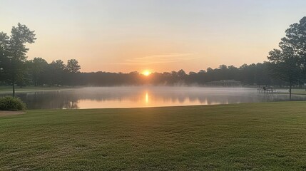 Fototapeta premium Serene sunrise over a misty lake with trees and a park in the background, peaceful atmosphere