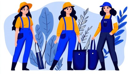 Women in Colorful Outfits with Bags Surrounded by Leaves and Plants