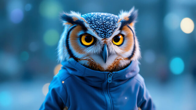 Editorial style photograph of cool cute and adorable humanoid owl generative ai, 78968