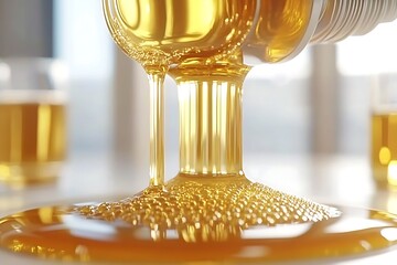 Golden liquid pouring, kitchen setting