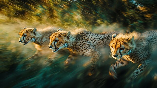 Three Cheetahs Running in Blurred Motion Through African Savanna Grassland at Sunset