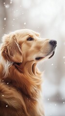 A golden dog gazes forward in gently falling snow, highlighting its soft fur and calm expression against a serene winter backdrop.