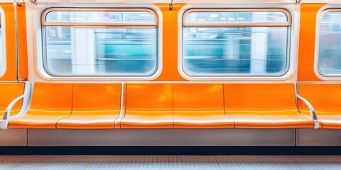 Obraz premium Bright orange subway seats in an urban transit system with blurred motion in the background