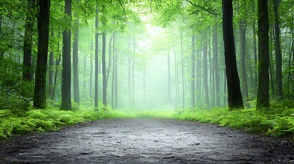 Fototapeta premium Serene eye-level view of a mystical forest path in lush green woods for exploration