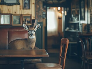 A young buck with antlers stands in a rustic, wood-paneled cafe, surrounded by vintage decor, creating a whimsical scene that merges wildlife and indoor charm.