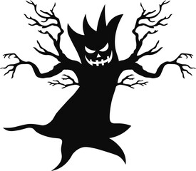 Spooky Halloween Tree with Flat Design. Isolated Vector Silhouette.