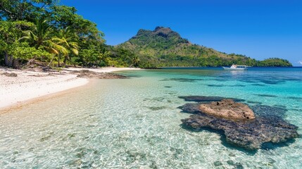 Stunning Tropical Beach with Crystal Clear Water and Rocky Shoreline under Bright Blue Sky in a Serene Island Paradise