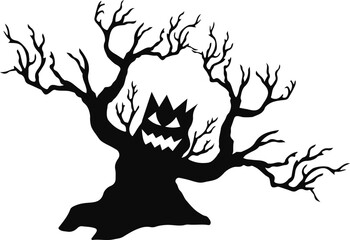 Spooky Halloween Tree with Flat Design. Isolated Vector Silhouette.