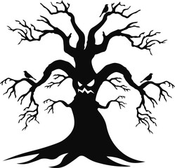 Spooky Halloween Tree with Flat Design. Isolated Vector Silhouette.