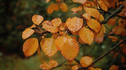 Closeup of Orange and Yellow Autumn Leaves with Raindrops on a Branch in a Serene Natural Setting