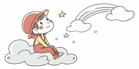 A child sits on a fluffy cloud, lost in thought. Best for fantasy, creativity, imagination, and childhood dream-related content.