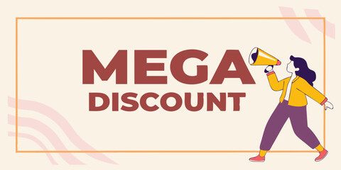 Mega, discount, sale, woman, megaphone, announcement, promotion, advertising, marketing, banner. Woman with megaphone announces a "Mega Discount" sale, ideal for promotional banners.