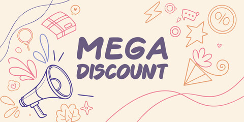  Mega Discount! Fun, doodle-style marketing graphic. Use for sales, promotions, retail, online ads.