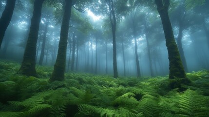 Fototapeta premium A misty forest with ferns and moss-covered trees, atmospheric and soft light filtering through