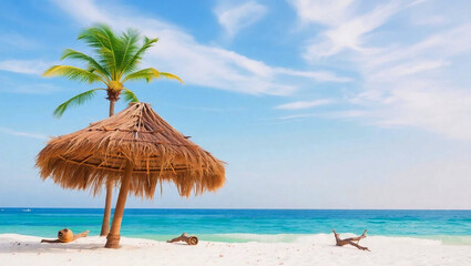 Rustic Thatched Umbrella on a Serene Beach