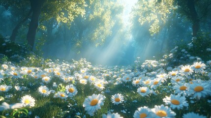 A morning mist covering a field of daisy flowers, soft glow, hyper-realistic textures