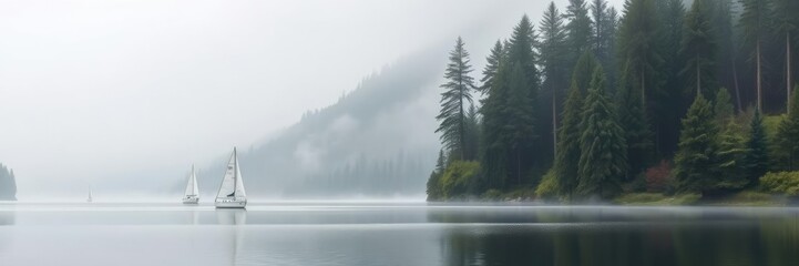 A misty mountain lake with a few sailboats drifting across the water, surrounded by towering evergreen trees and lush greenery, mountain, tranquility, scenery
