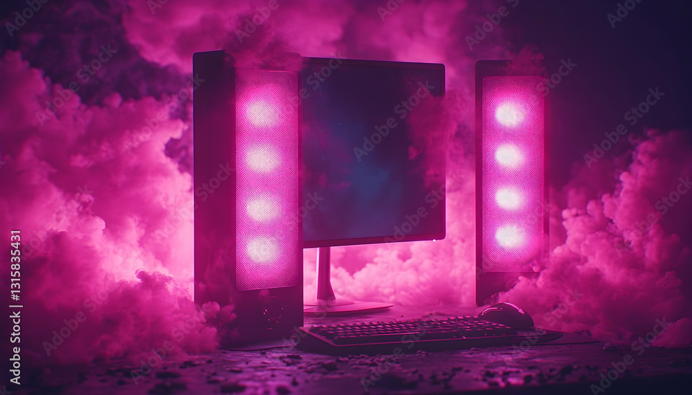 Aufkleber pink-lit computer setup enveloped in artificial clouds, creating a dramatic, moody atmosphere