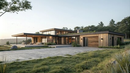 Obraz premium A modern eco-friendly house made from natural and recycled materials, eco conscious, renewable energy, sustainable homes