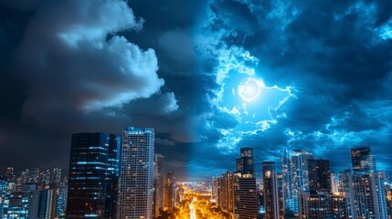 Obraz premium Night Cityscape with Stormy Clouds and Bright Moonlight Skies