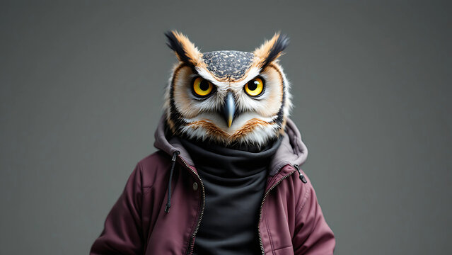 Editorial style photograph of cool cute and adorable humanoid owl generative ai,7u5