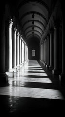 Monochrome Symmetry: Classical Architecture with Serene Shadows and Elegant Columns in a Peaceful Passageway