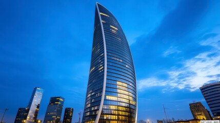 Fototapeta premium Modern Skyscraper in Urban Landscape at Dusk with City Lights