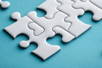 Fototapeta premium White puzzle pieces fitting on light blue surface