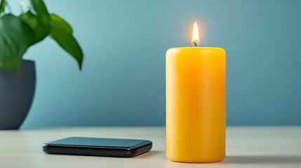 Bright Yellow Candle with Flame Beside Mobile Phone and Plant