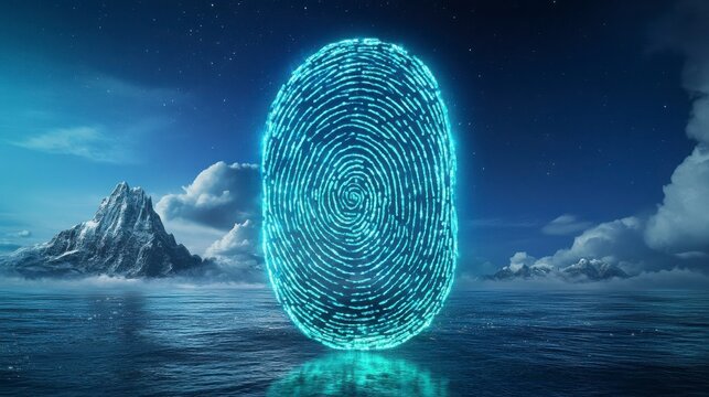 Futuristic Fingerprint Against Ocean and Mountain Backdrop