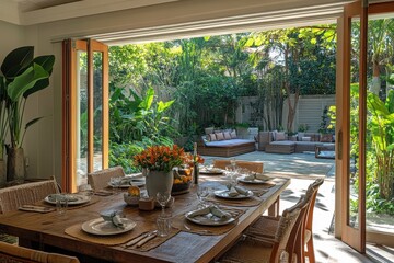 Fototapeta premium Wooden dining table set with patio view. Ideal for articles about home design, luxury living, or outdoor spaces.