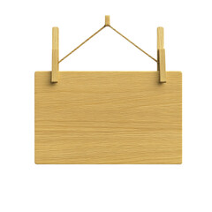 Empty wooden signboard hanging on a rope Isolated on transparent background
