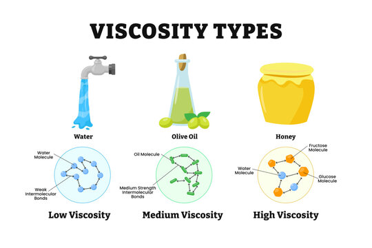 Different types of viscosity types. Fluid's resistance to flow. Labeled water, olive oil, honey, with low, medium and high viscosity. Smoother movement. Vector illustration. Physic educational.