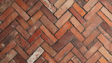 Vibrant Red and Brown Brick Wall with Herringbone Pattern and Texture