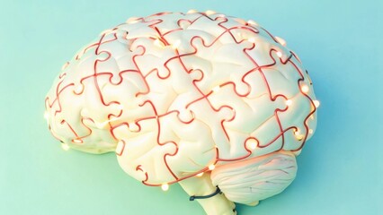 Neuroplasticity concept Brain model with puzzle-like patterns on a blue background, symbolizing problem-solving and cognition.