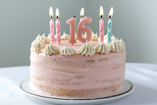 Isolated soft pink cake, 16 candles, ample text space.
