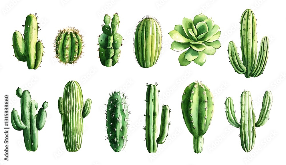 Poster diverse cacti displayed in unique shapes and sizes on white background