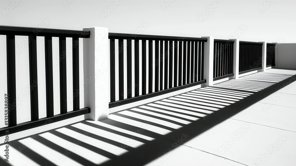 Poster black and white railing with shadows on concrete surface in modern architecture