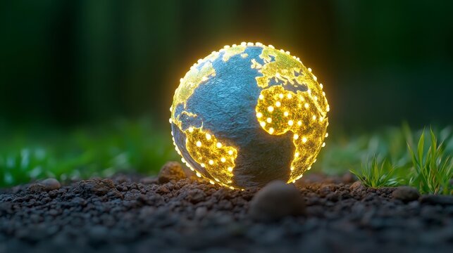 Illuminated Earth Model with Lights on Soil in Nature Background