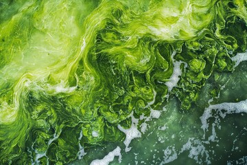Bright green algae with intricate textures floating near the shore.