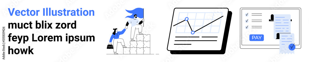 Poster worker stacking boxes, tablet displaying analytics graph, financial document with digital payment op