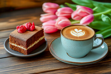 cup of coffee and cake, and pink tulips