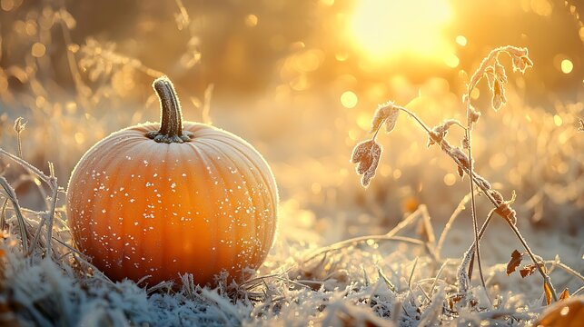 Ethereal beauty of frost delicately adorning a pumpkin, juxtaposing frozen intricacies with pumpkin's resplendent orange hue, creates a harmonious fusion of autumnal warmth and wintry enchantment