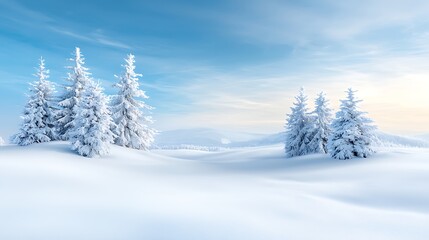 Fototapeta premium Winter wonderland snow-covered landscape with evergreen trees tranquil setting scenic view