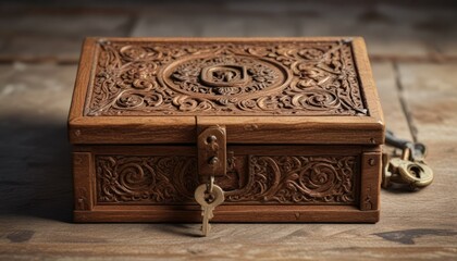 A small wooden box with intricate carvings on its lid, adorned with a rusty old lock and key hanging from it , secret, treasure